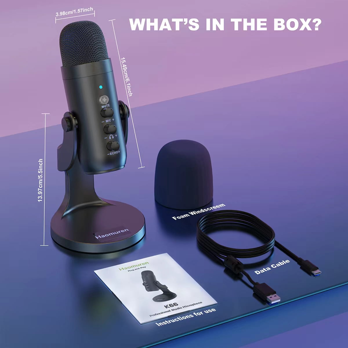 Haomuren USB Condenser Microphone for PC/Mac, Plug & Play Gaming Mic with Headphone Output, Mute, Volume & Gain Control, for Podcast/Vocal/Streaming