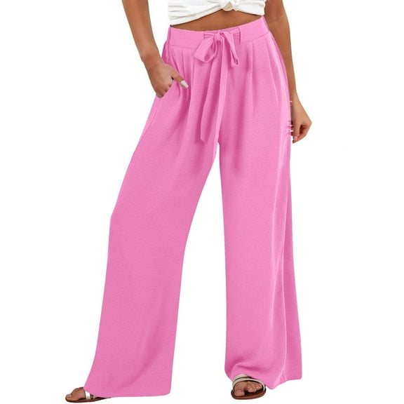 GILIGEGE Linen Pants Women Wide Leg Palazzo Pants Summer High Waist Flowy Casual Trousers Loose Lounge Beach Travel Vacation Clothes Cotton Linen Beach Pants with Pockets Hot Pink S