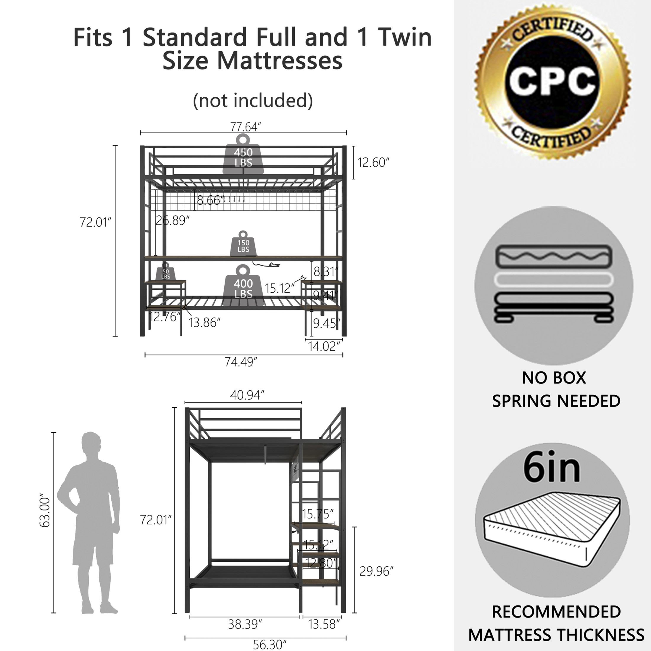 Noble House Ethan Full Over Twin Metal Bunk Bed with Desk, Storage Shelves, Black and Cinnamon Oak
