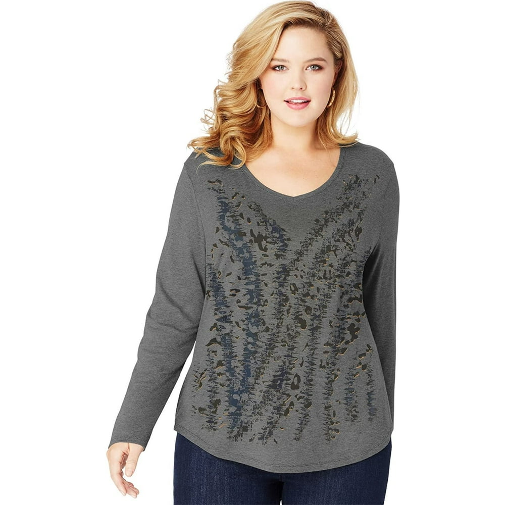 Just My Size - Women's Plus Size Long Sleeve Printed V neck T shirt ...