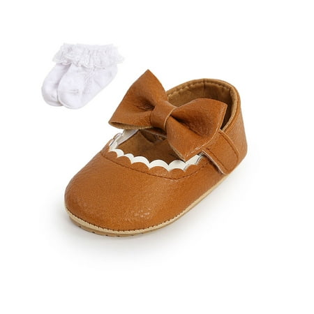 

SIMANLAN Little Kids Mary Jane Flats Magic Tape Loafers Rubber Soft Sole Crib Shoes Infant Non-slip Loafer Flat Baby Princess Casual Shoe Brown With Sock 5C