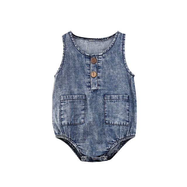 EYIIYE Baby Summer Jumpsuit Denim O-Neck Sleeveless Button Rompers with Pocket
