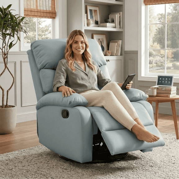 Genuine Leather Swivel Glider Recliner, Wall Hugger Rocking Chair for Living Room, Green
