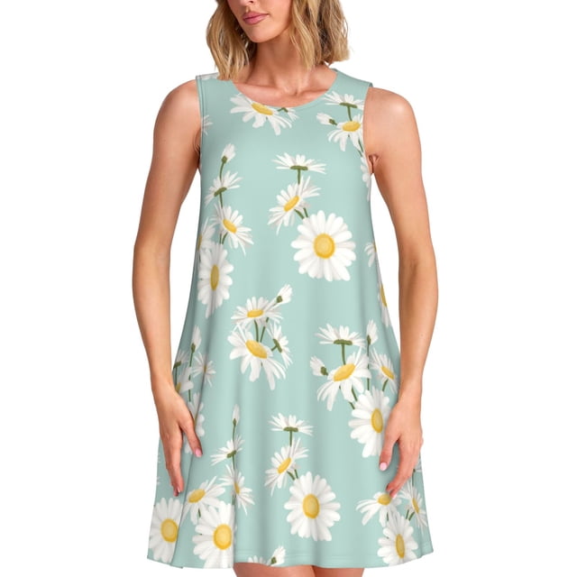 Balery Floral Daisy Vestidos de verano para mujer con estampado: vestido holgado sin mangas, vestido playero informal y cómodo para días calurosos.