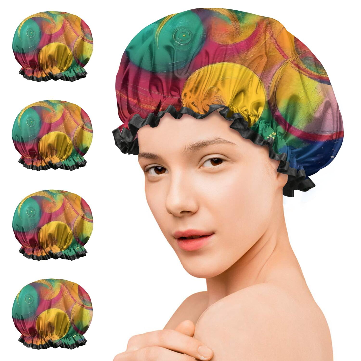 Shower Caps,Colorful Circular Pattern Waterproof Shower Cap for Women 4 Pieces,Double Reusable Hair Cover for Shower PEVA Elastic Stretch Hem