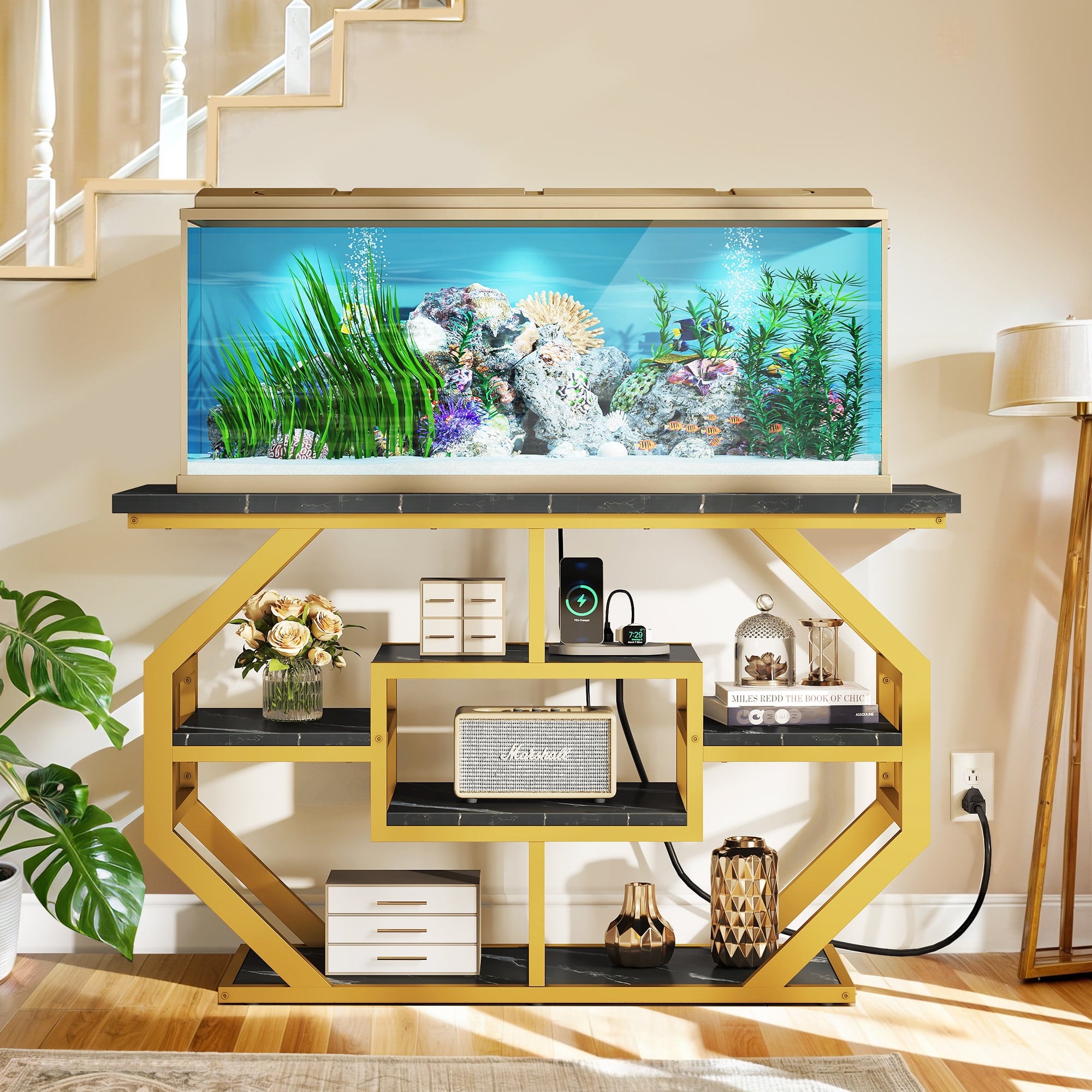 Dextrus 55-75 Gallon Aquarium Stand with Power Outlets, Cabinet for Fish Tank Accessories Storage - Heavy Duty Metal Fish Tank Stand, 865LBS Capacity, Black & Gold