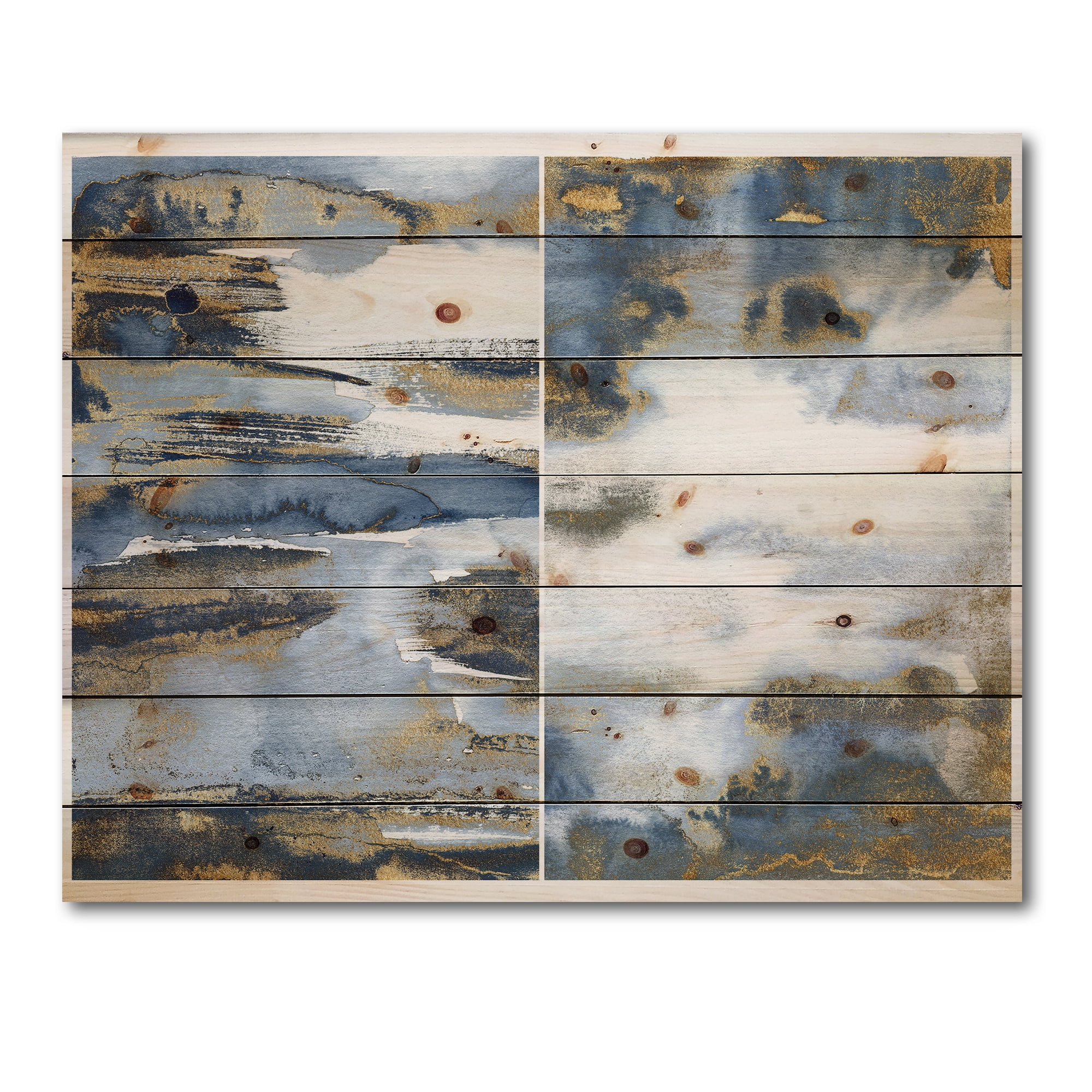 Designart 'Gold and Dark Blue Abstract Waves III' Modern Print on Natural Pine Wood