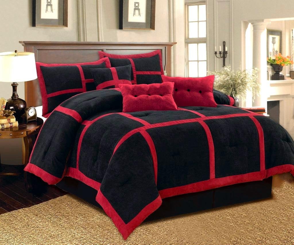 10 Piece Red Black Micro Suede Patchwork Comforter Sheet Set King Size
