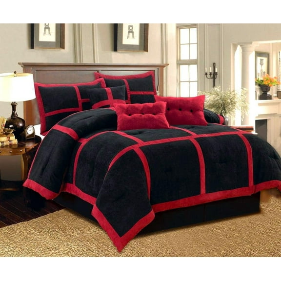 Dawn California King Size 7-Piece Micro Suede Comforter Bedding Set Soft Patchwork Oversized Bed in a Bag Black & Red