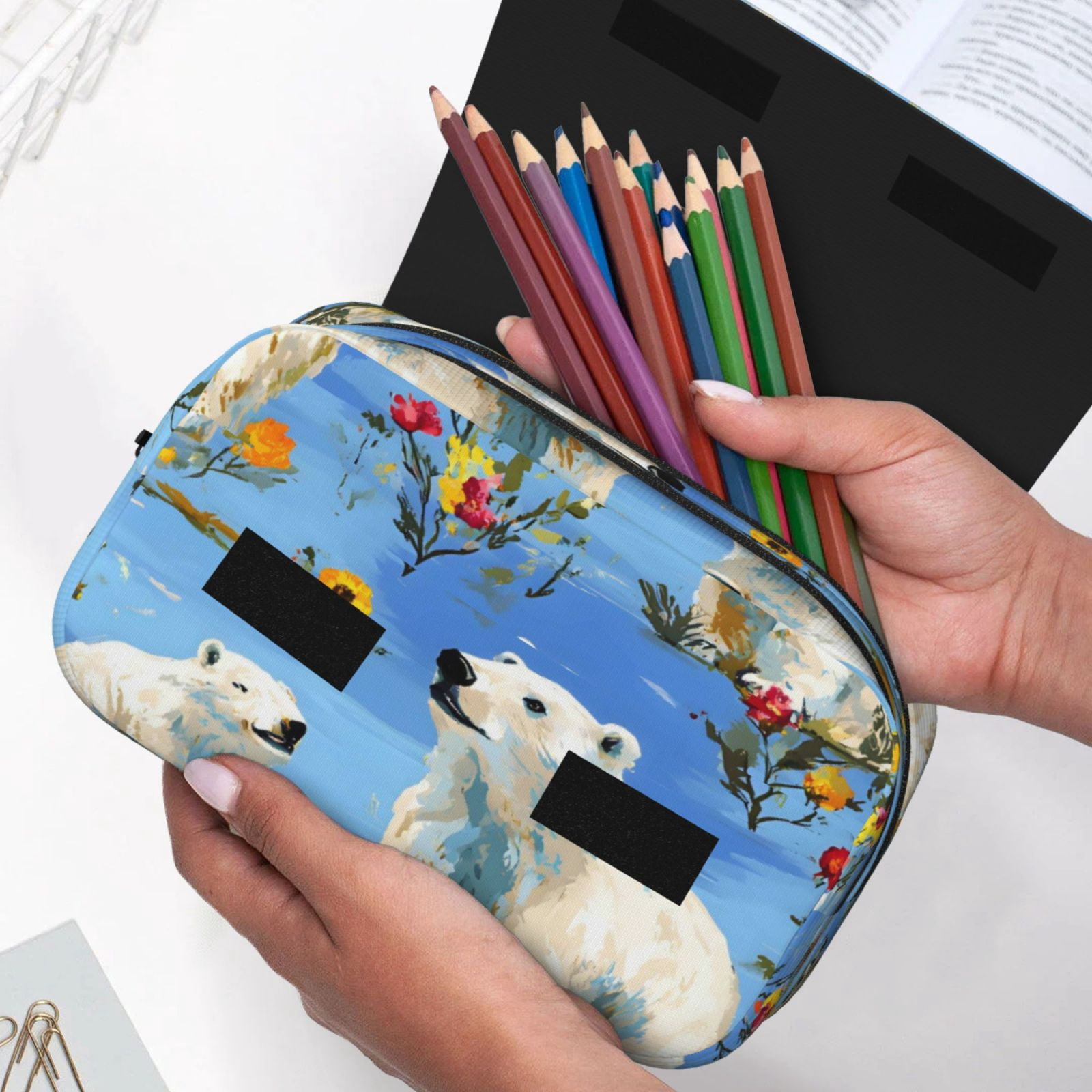 Large-Capacity Flip-Top Double-Layer Pencil Case, Multi-Functional Pocket Pen Case, Durable Stationery Organizer Polar Bear And Flower