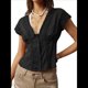 thumbnail image 1 of Blusa de Encaje con Cuello en V para Mujer, Corta, Fruncida, Ropa de Verano para Vacaciones Negro L, 1 of 8
