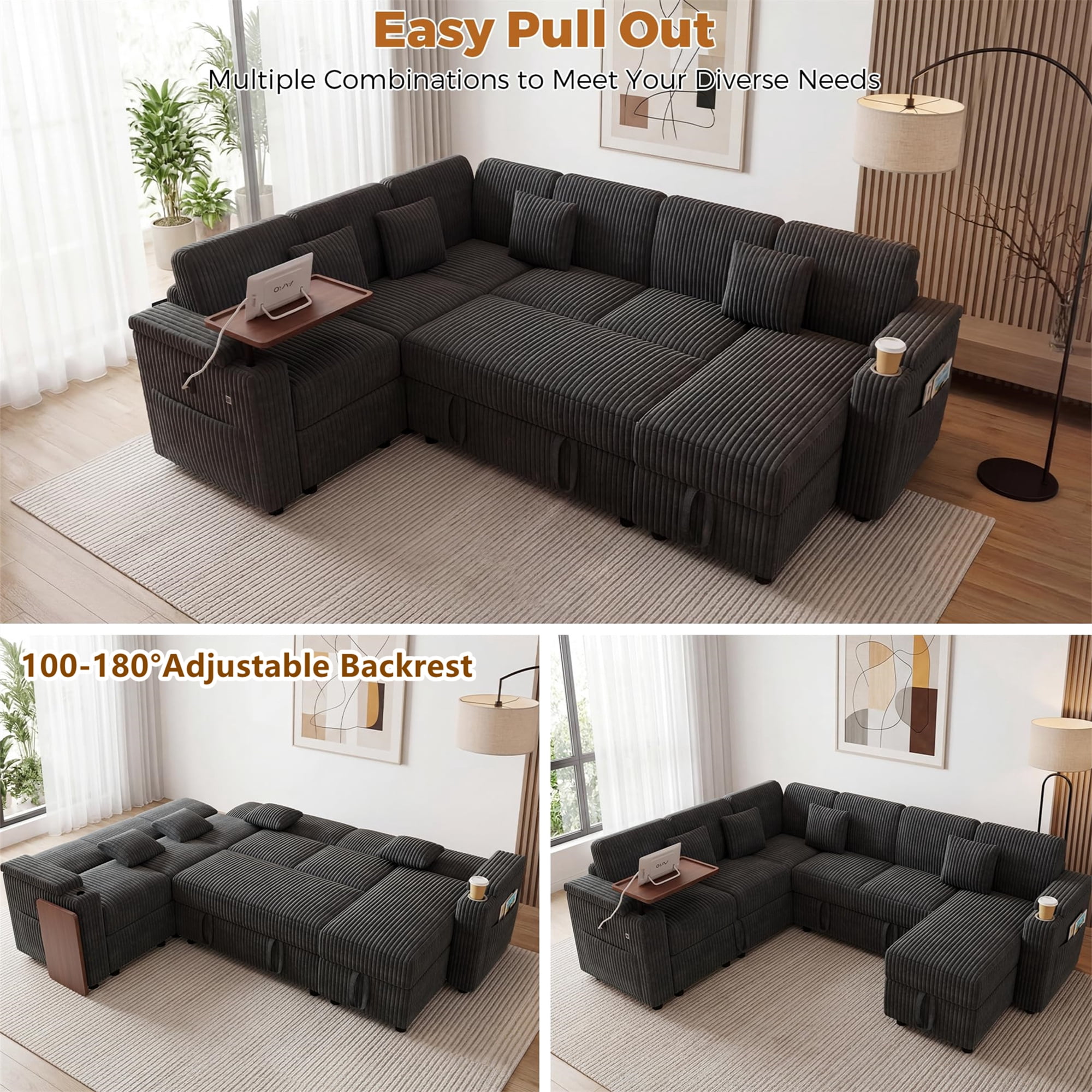 Aukfa 100" U Shape Convertible Sectional Sleeper Sofa Bed with USB/Type-C Port/Side Table/Storage Chaise/Cup Holder, 7 Seat Modular Sofa, Corduroy, Dark Gray