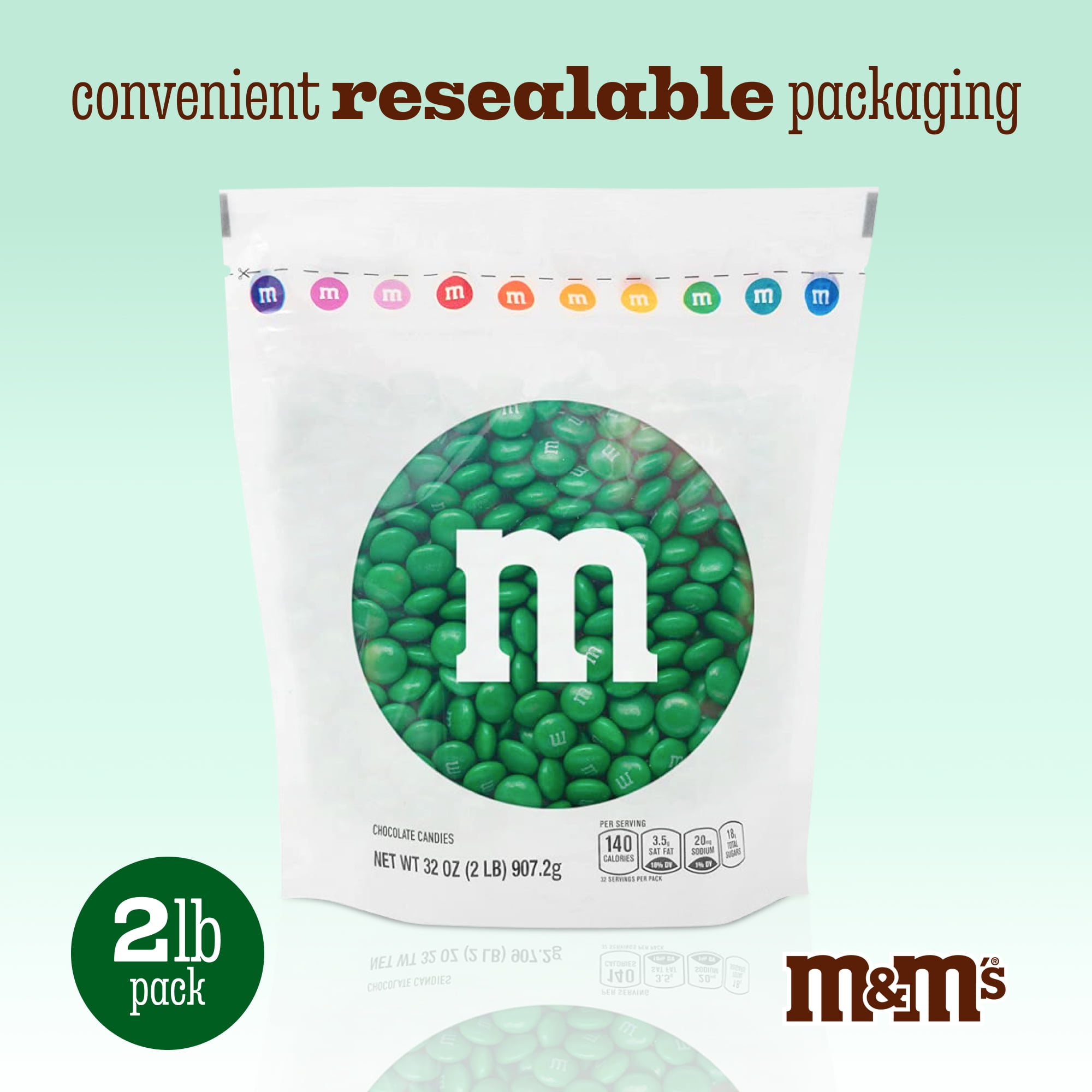 M&M'S World Dark Green Milk Chocolate Candy 2lb Bag for Celebrations and Party Favors