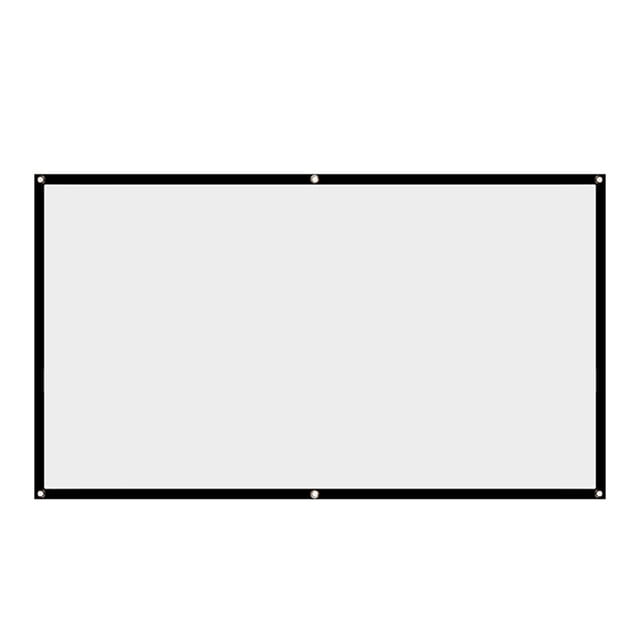 pantalla de proyección plegable portátil 16:9, tela reflectante, cortina para proyector de película para exteriores, cortina plegable para exteriores pantalla blanca 16:9 con borde negro y ojales metálicos visibles en los lados y centro, vista frontal centrada; superficie de fibra de poliéster reflectante, disponible en 100/120/150 pulgadas, ligera y fácil de colgar, también apta para proyecciones al aire libre o cine en casa portátil.