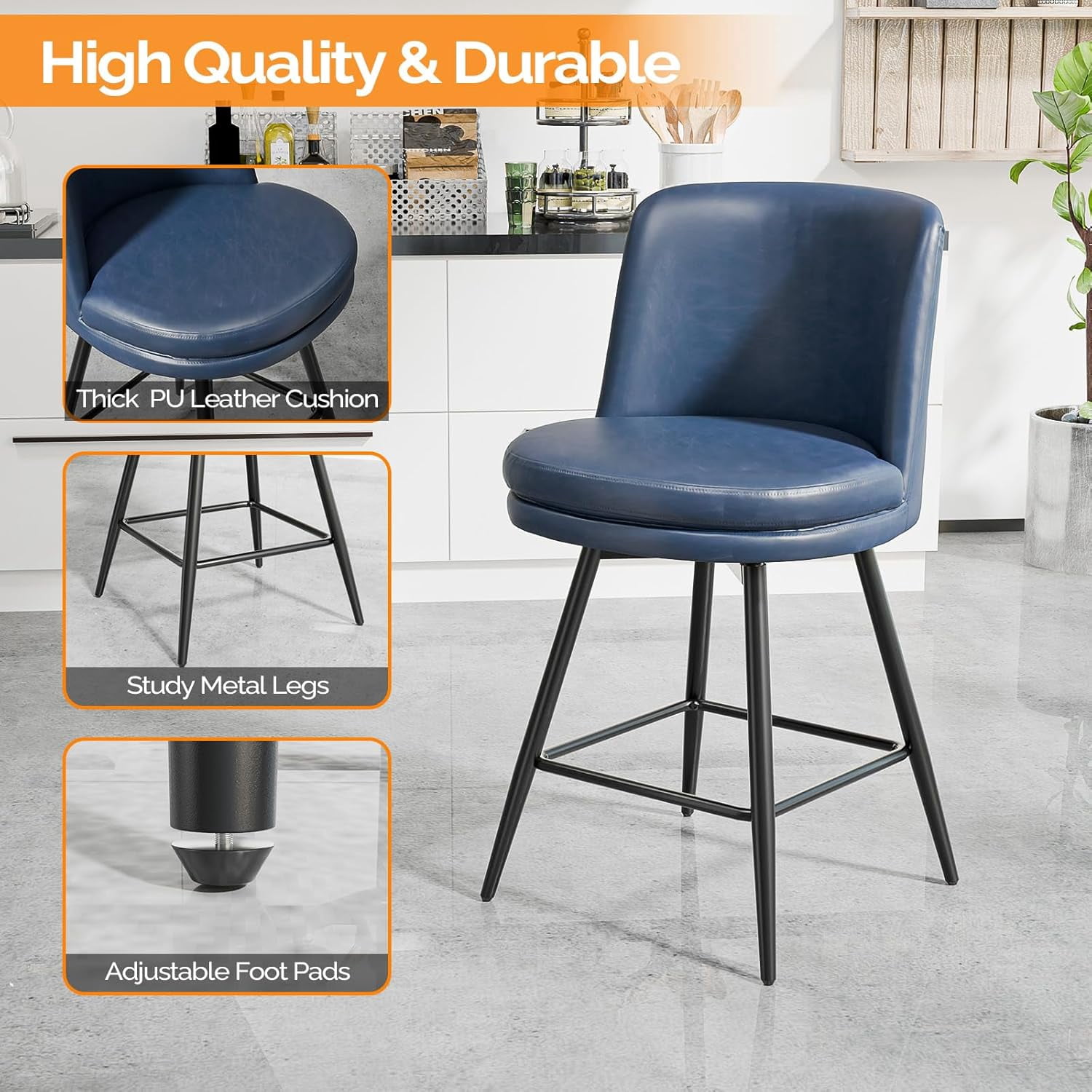 VINGLI 26" H Swivel Barstools Set of 2, PU Faux Leather Upholstered Counter Height Bar Stool with Back, Kitchen High Chairs with Cushion Round Seat, Metal Legs, White
