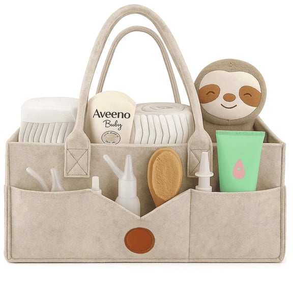 LAMSTOM Diaper Caddy Organizer - Diaper Caddy for Baby Nursery Storage, Felt Diaper Organizer for Baby Stuff with Handle, 13" x 9" x 7" Portable Baby Basket Boy Girl Changing Table Organizer (Khaki)
