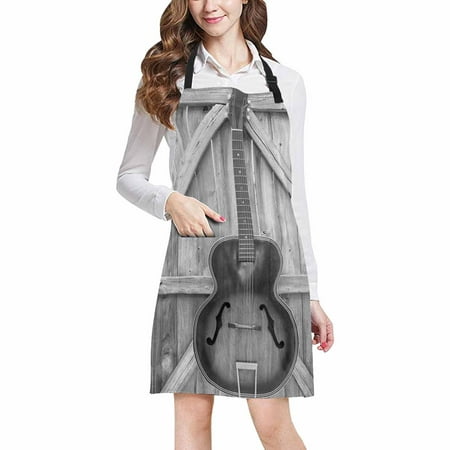 ASHLEIGH Vintage Acoustic Guitar on Old Wood Fence Chef Aprons Professional Kitchen Chef Bib Apron with Pockets Adjustable Neck