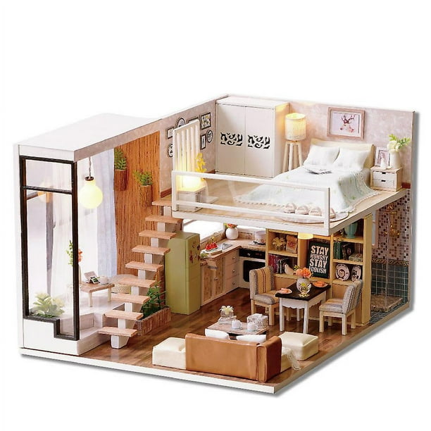 Kit Casa De Muñecas OSDUE Con Luces LED – Mini Dormitorio DIY En Madera, Incluye Muebles Y Manual En Inglés, Ideal Para Regalar