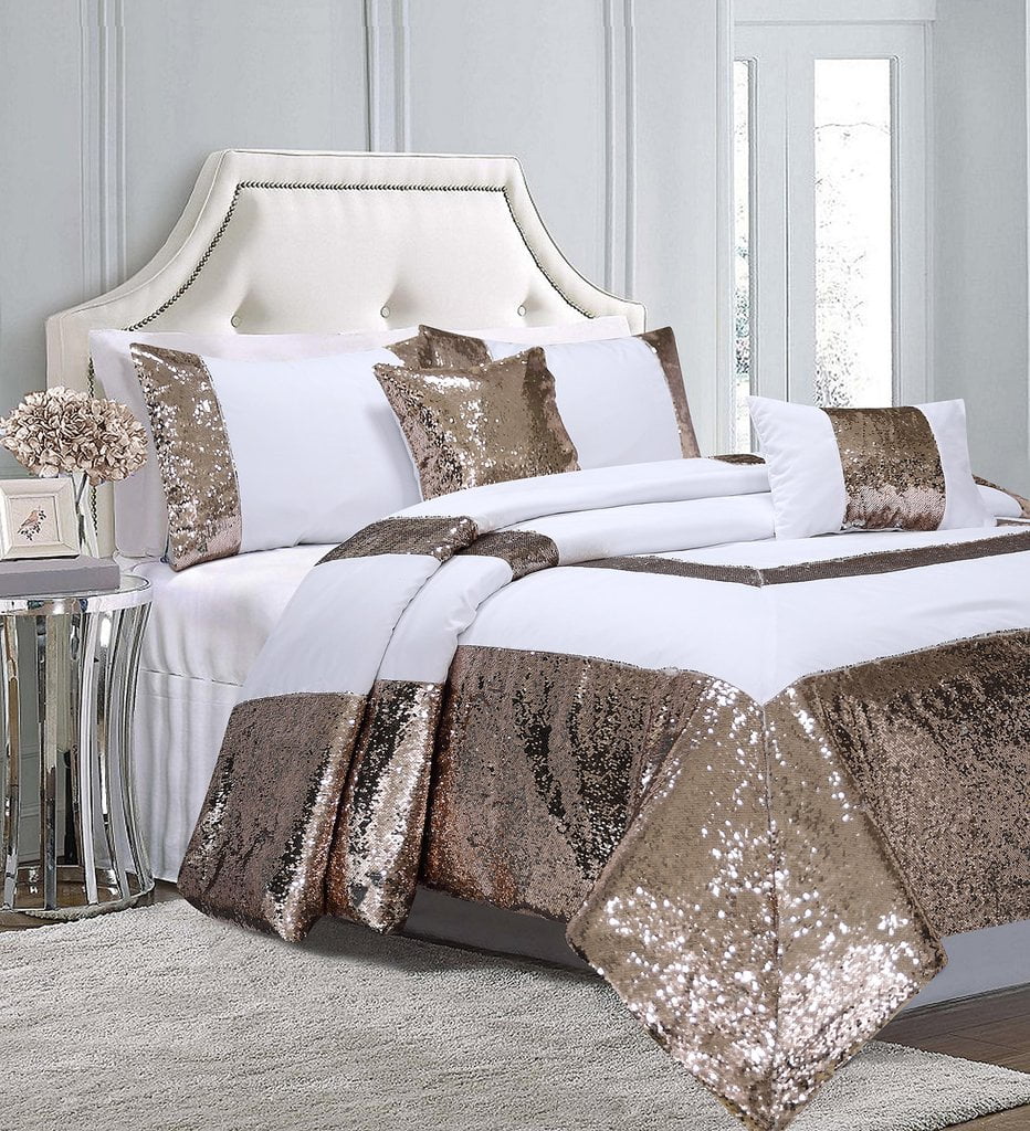 HIG White/Gold Flip Sequins Comforter Set, Queen size Pactch Work Bed