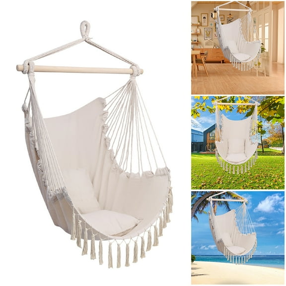 Mother's Day Sales - Hammock Hanging Rope Chair Swing Seat Patio Picnic with 2 Pillows Beige US