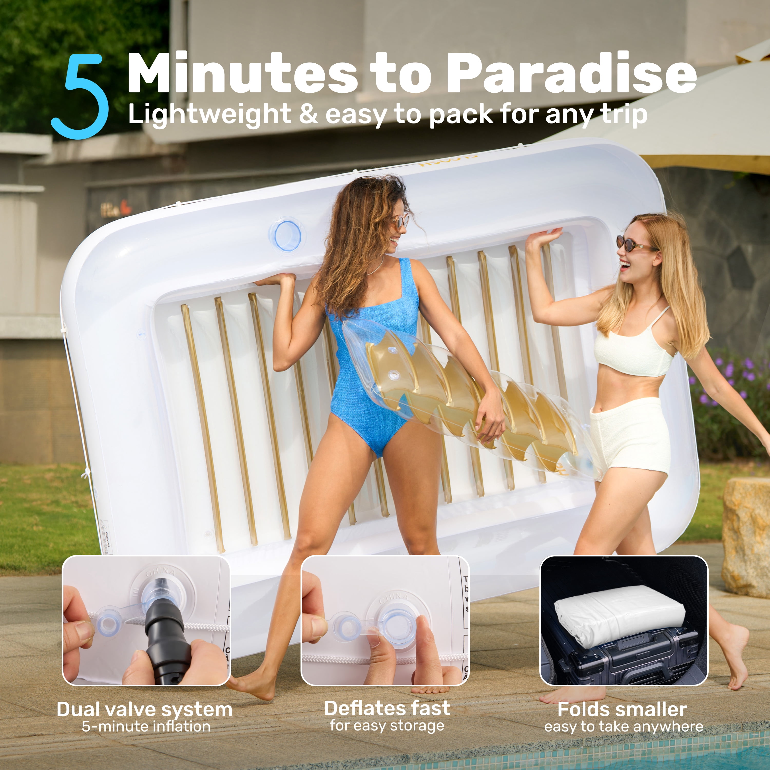 SLOOSH Inflatable Tanning Pool Lounger Float, 85" x 57" Extra Large Suntan Sun Tan tub for Adults, Tanning chair, Bed Blow up, Raft Lounge Floatie,XL-Golden White