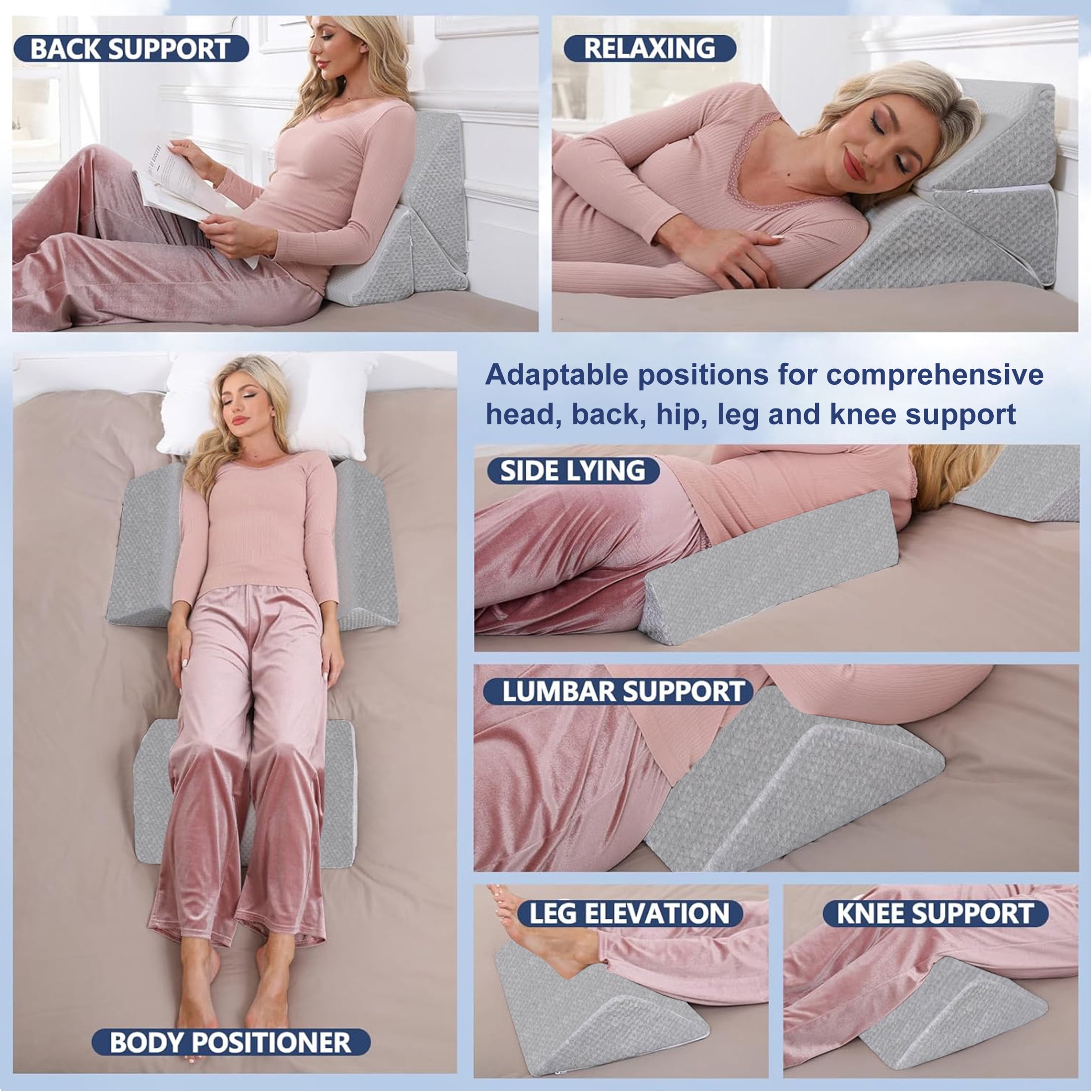 MOONORAH Wedge Pillow Set for Sleeping Post Surgery & Apnea，3 in 1 Memory Foam Reading Pillow, Orthopedic Bed Wedge Pillows Headboard for Acid Reflux, Leg Pain & Back Pain Relief - Gray