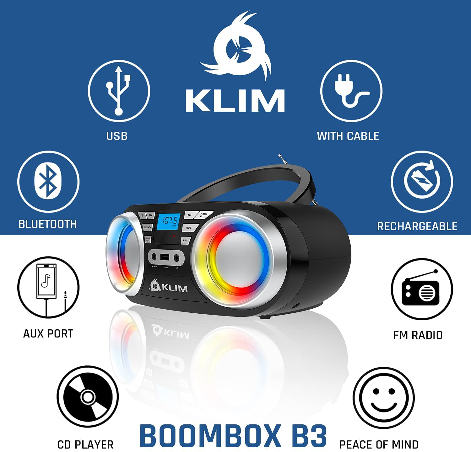 KLIM Reproductor de CD portátil B3 radio FM CD MP3 Bluetooth AUX USB luces  RGB CD Boombox modo con cable e inalámbrico con baterías recargables – Yaxa  Store
