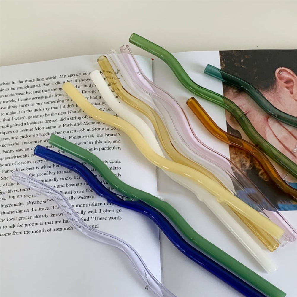 Reusable Glass Straws Set, Multiple Colored Wavy Borosilicate Glass