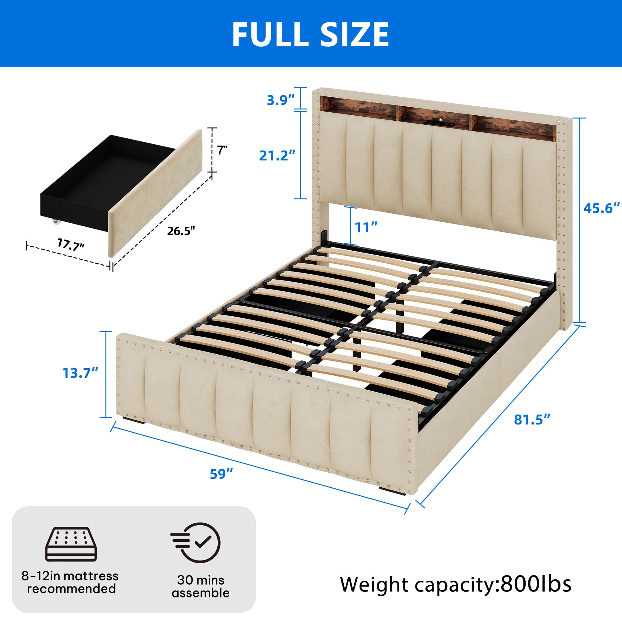 Uforic Full Size LED Upholstered Platform Storage Bed Frame with Drawers and Charging Station, Beige