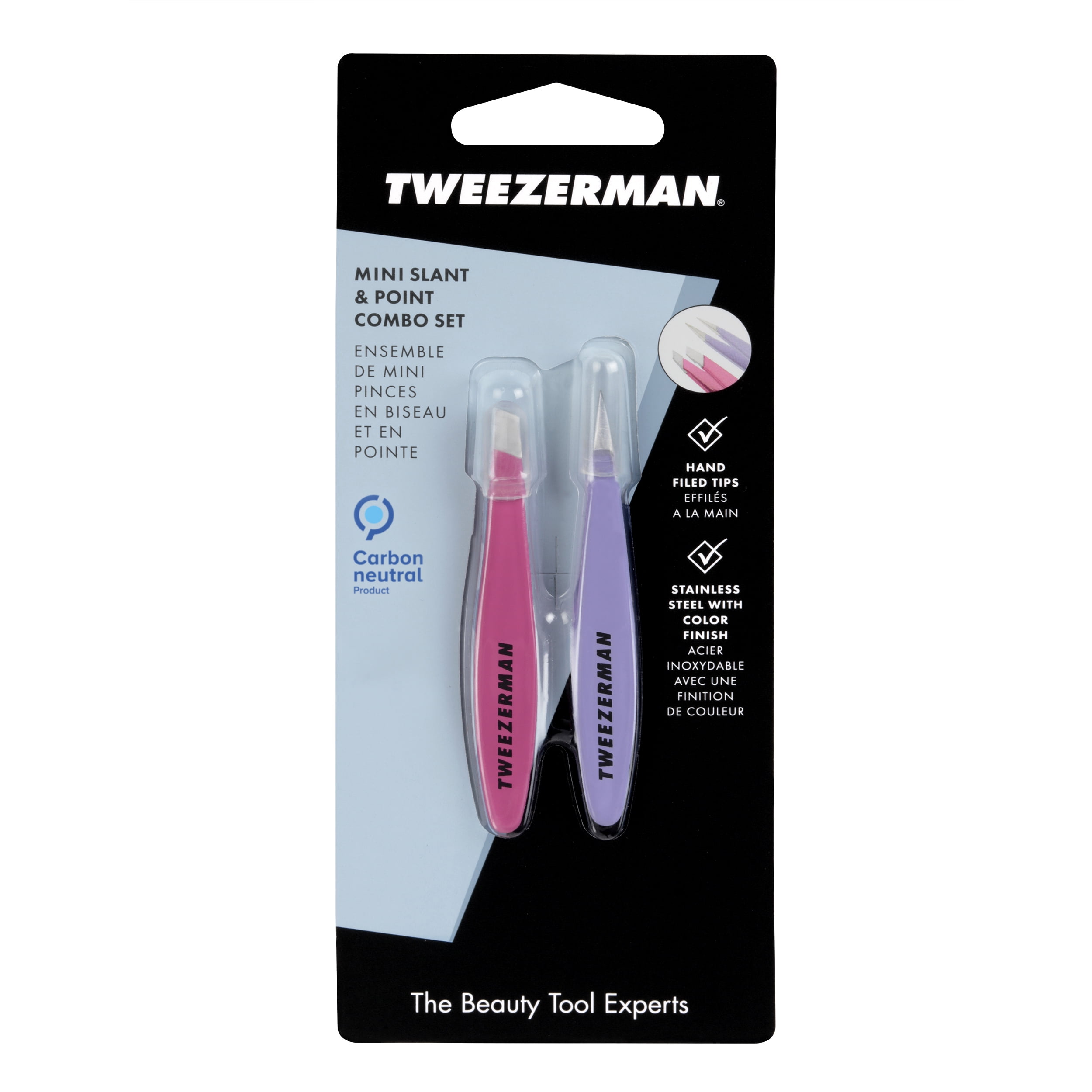 Tweezerman Mini Oval Slant and Point Tweezer Combo, Stainless Steel, Purple Pink