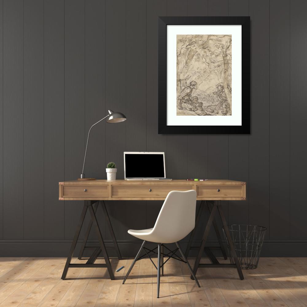 Jean-Honoré Fragonard 18x24 Black Modern Framed Museum Art Print Titled - Don Quixote and Sancho Panza Witness the Attack on Rocinante (1780s)