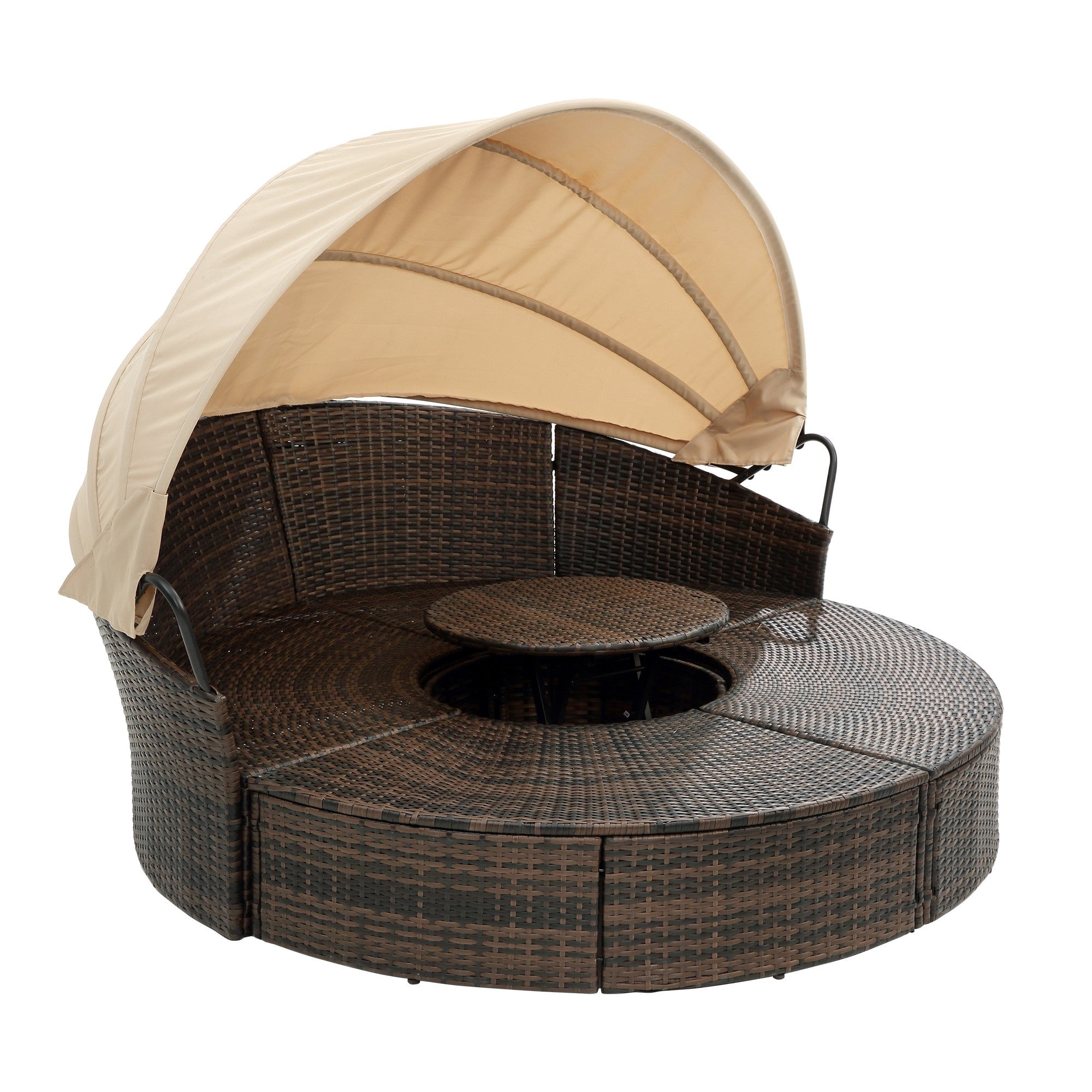 Sailvan Outdoor Sofa Bed Wicker Round Daybed with Retractable Canopy and Lift Coffee Table for Patio Poolside Beige