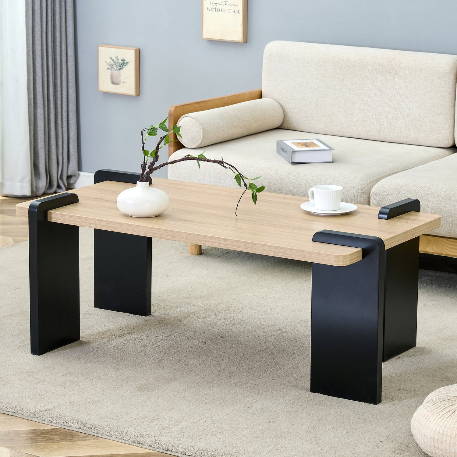 Natural Wood Colored MDF Coffee Table Modern Minimalist Living Room Furniture, 39.3*23.6*17.7 inches, Light Wood Grain Design