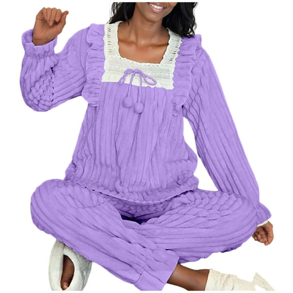 KyCheLot Womens Fleece Pajama Set Cute Ruffle Warm Pullover Long Sleeve Tops and Fuzzy Bottoms Home Sleepwear