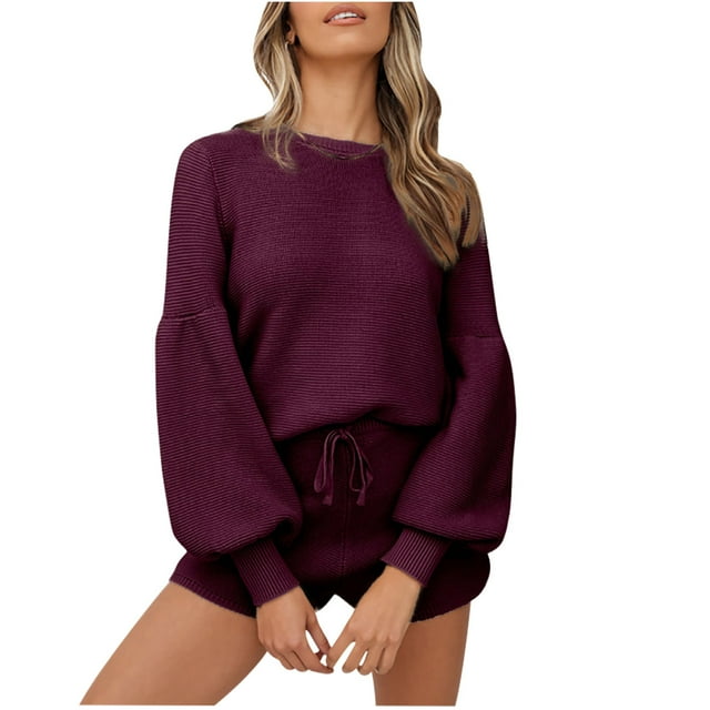 Babysbule Womens Fall Plus Top Sets Sales Women's Fashionable Solid Color Lantern Long Sleeved Patchwork Drawstring Straight Shorts Casual Set