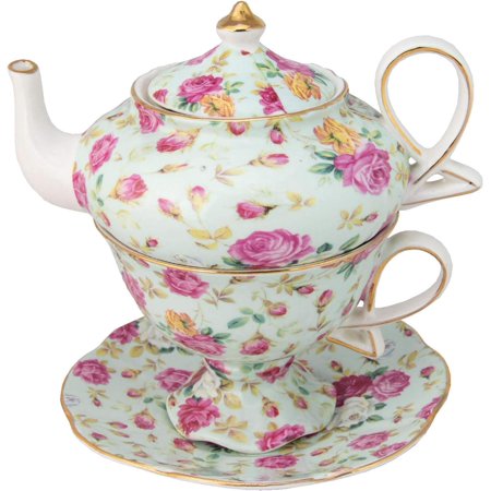 

Porcelain Tea For One Stacked Teapot Cup Saucer Blue Cottage Rose Chintz