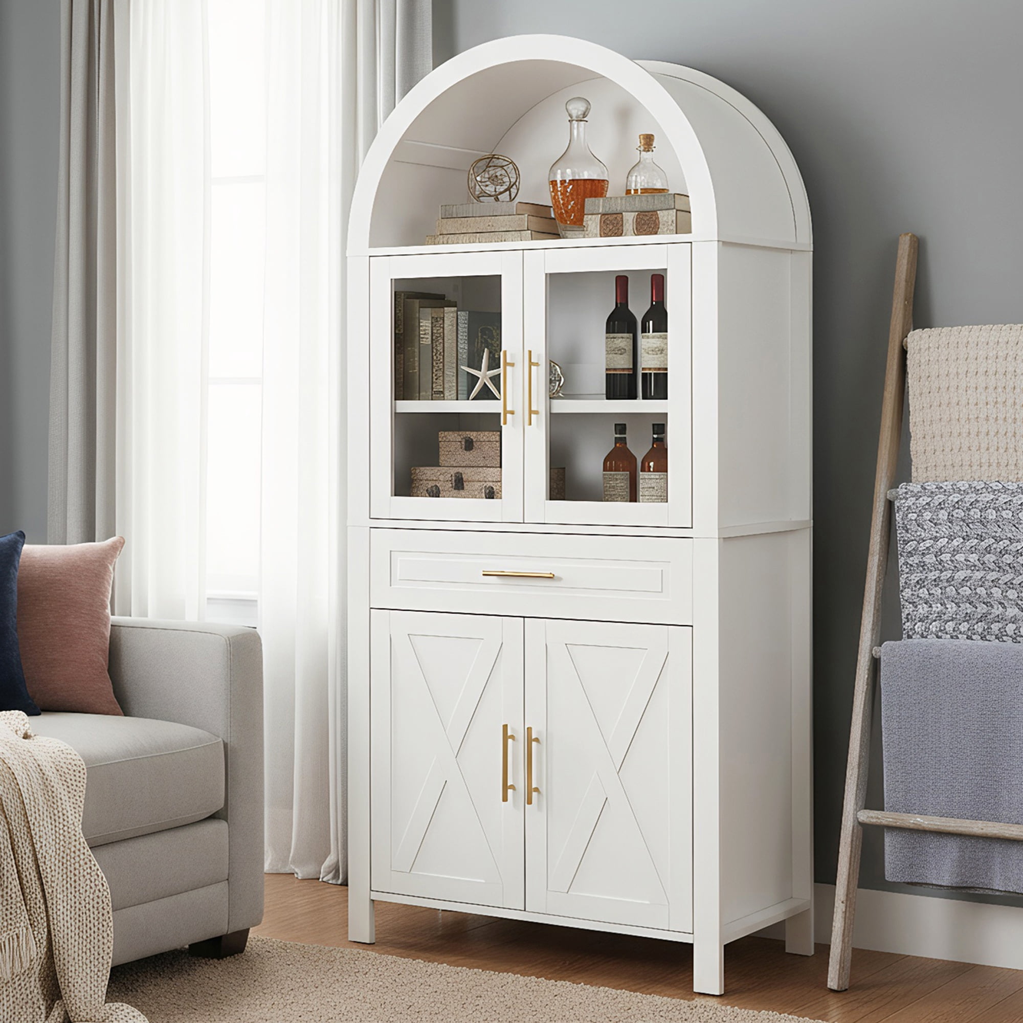 PORKISS Arched Kitchen Pantry Storage Cabinet, 71" Tall Wood Pantry Shelves with 4 Doors, 1 Large Drawer, Adjustable Shelves for Dining Room Living Room, White