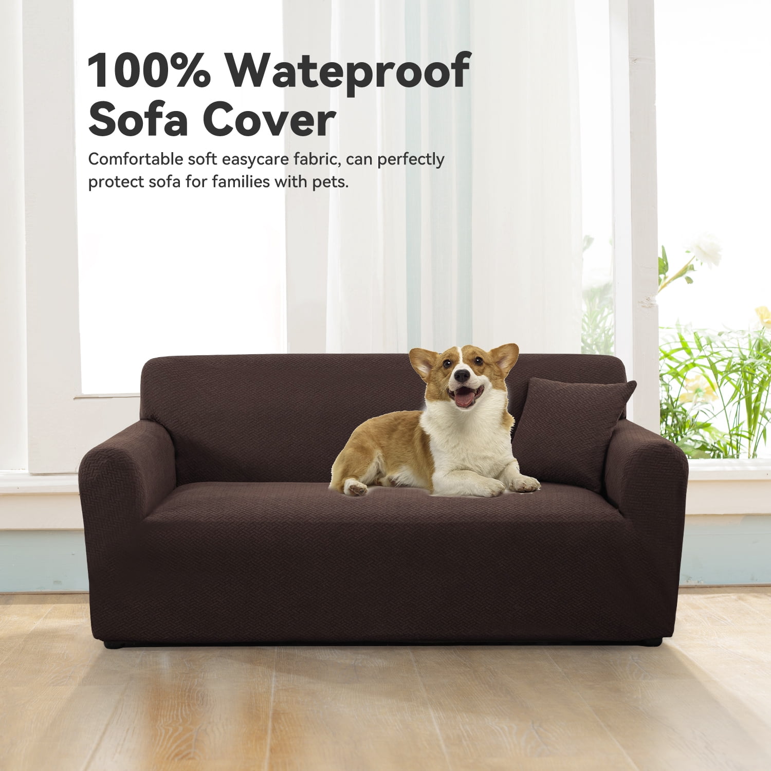 100% Waterproof Sofa Cover, Washable Sectional Couch Cover, Stretch Jacquard Sofa Slipcover, Furniture Protector for Kids, Pets, Dog and Cat (Brown, XL Sofa, 4 Cushion)