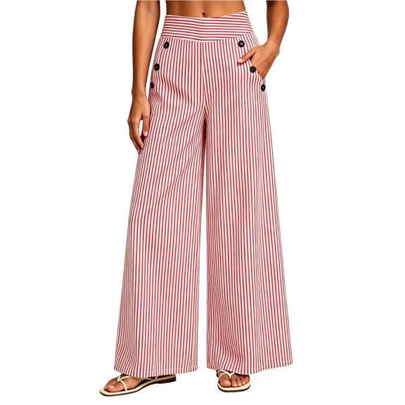 KHONTS Women's Striped Wide Leg Pants Culottes Elastic High Waisted Casual Palazzo Pants with Pockets Red XL