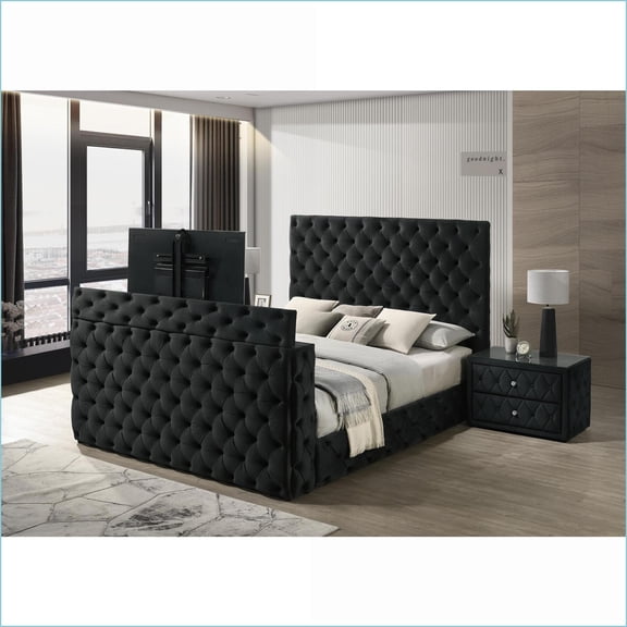 Bedroom Furniture Set, Queen Modern Black Velvet Tufted Headboard with TV Lift, 2 Storage Nightstands 3pc | Black | Fabric