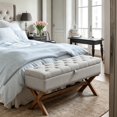 thumbnail image 3 of 36" Tufted Entryway Bench with Storage, French Vintage Bedroom Bench with X-Shaped Legs, Linen Fabric Storage Ottoman Bench for Bedroom, Dining Room, Living Room, Entryway, Gray, 3 of 5