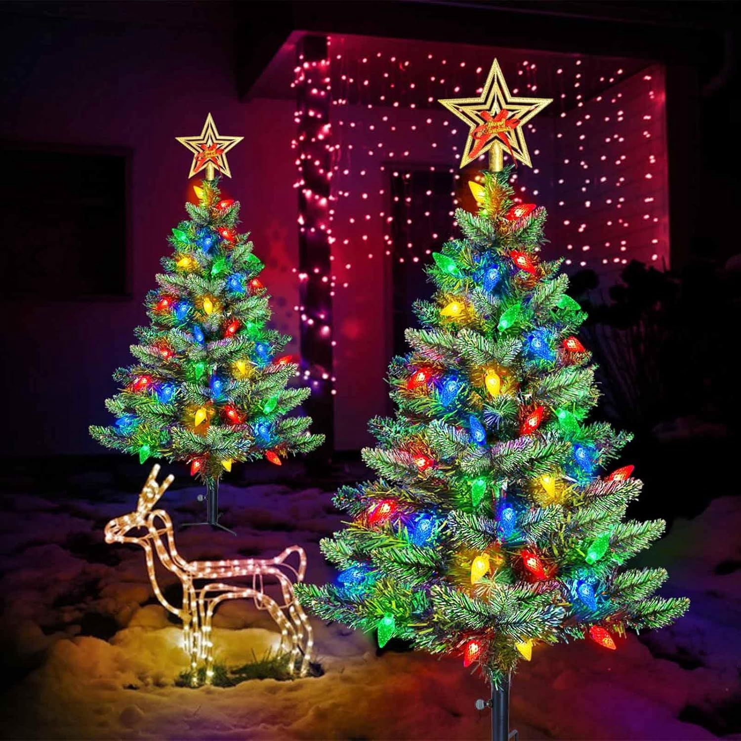 Set of 2 Solar Christmas Tree, Outdoor Christmas Decorations, Prelit Xmas Tree w/ 100 LED Multi-color C6 String Lights for Outsdie Holiday Display Yard Front Porch Pathway Grave Cemetery Decor