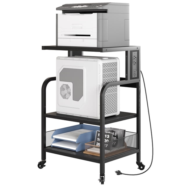 3-Tier Rolling Printer Stand with Power Outlets & USB - Black Mobile Office Organizer (Adjustable Shelf, Lockable Wheels, Under Desk Storage)