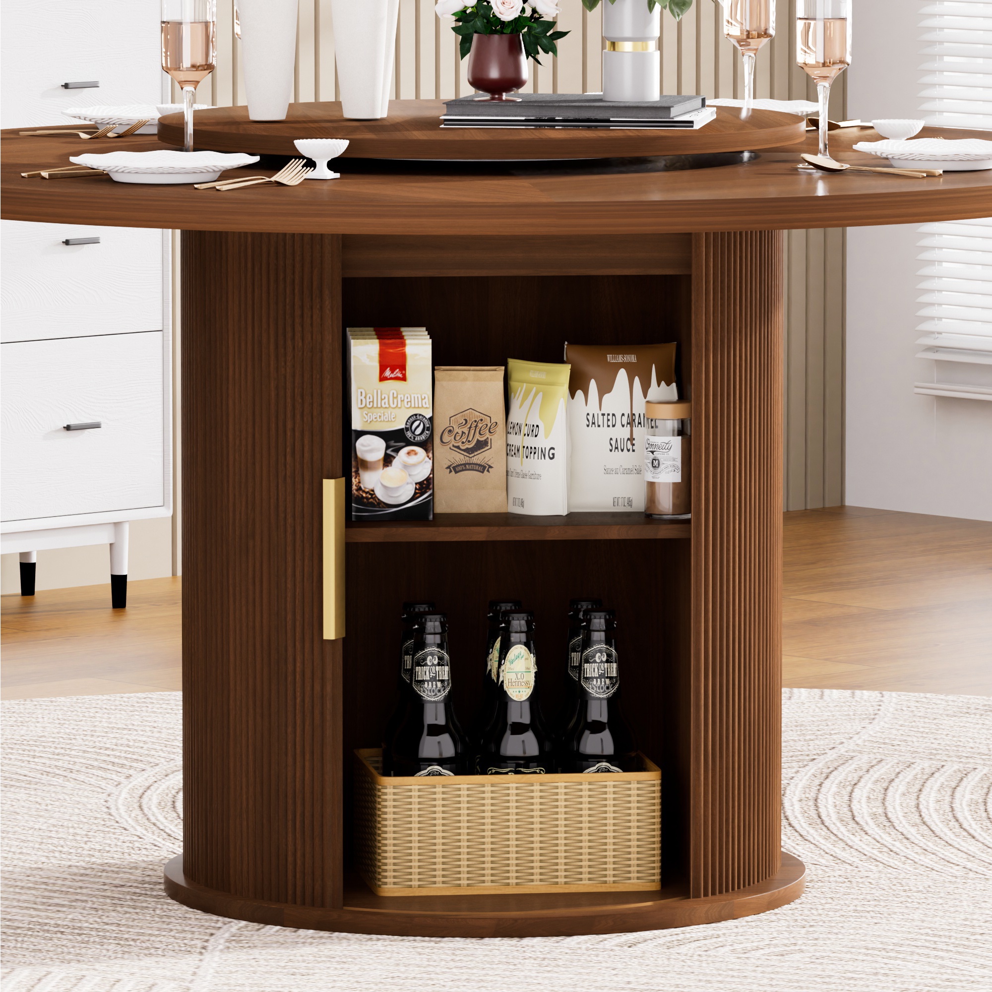 PORKISS Modern Round Dining Table, 55 Inch Circle Kitchen Tables for 6 with Double-tiered Storage Rack and Rotating Tabletop Tray, Wood Strip Base, Farmhouse Table for Kitchen, Dining Room, Walnut