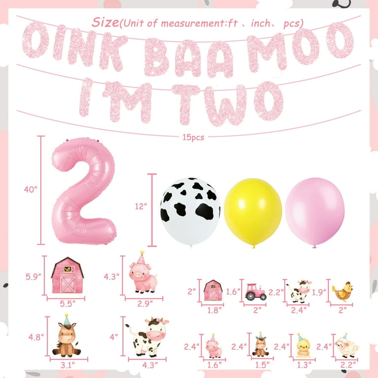 Farm Animal 2nd Birthday Decorations – Pink 'Oink Baa Moo I Am Two' Balloon Banner, Foil & Latex Balloons – Barnyard Theme Party Supplies For Girls
