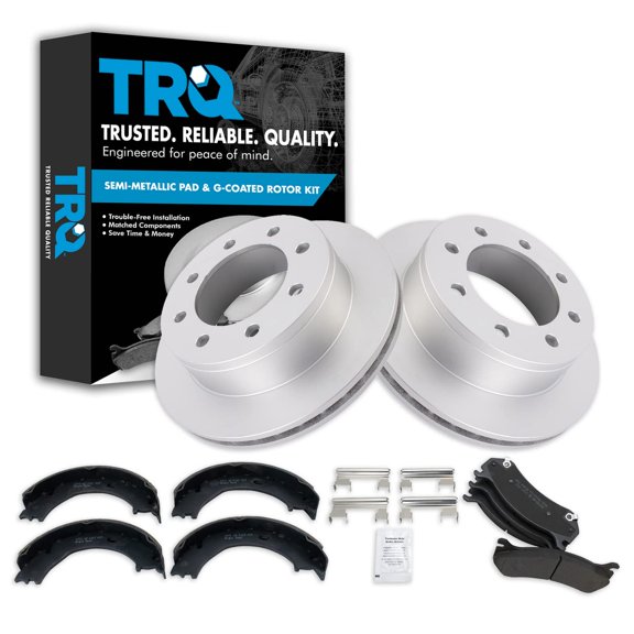 TRQ Rear Posi Metallic Disc Brake Pad & Coated Rotor with Parking Shoe Fits Select GM