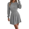thumbnail image 1 of BRGZLK Womens Sweater Dress Fall Solid Color Round Neck Cinched Waist Long Sleeve Cable Knit Dresses Fall Winter Mini Sweaters Dresses Gray M, 1 of 7