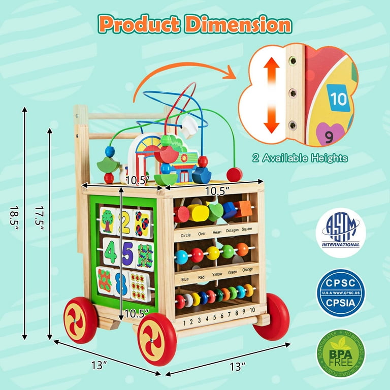 Poussette en Bois 6 en 1 pour Bébé Centre d'Activités d'Apprentissage  Cuisine de Jeu Horloge Pédagogique Curseur Mobile et Assorti Vert - Costway