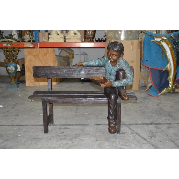 Nifao boy Sitting on a Bench reading book bronze Statue – Home Office Decor Sculpture, 43"L x 20"W x 36"H