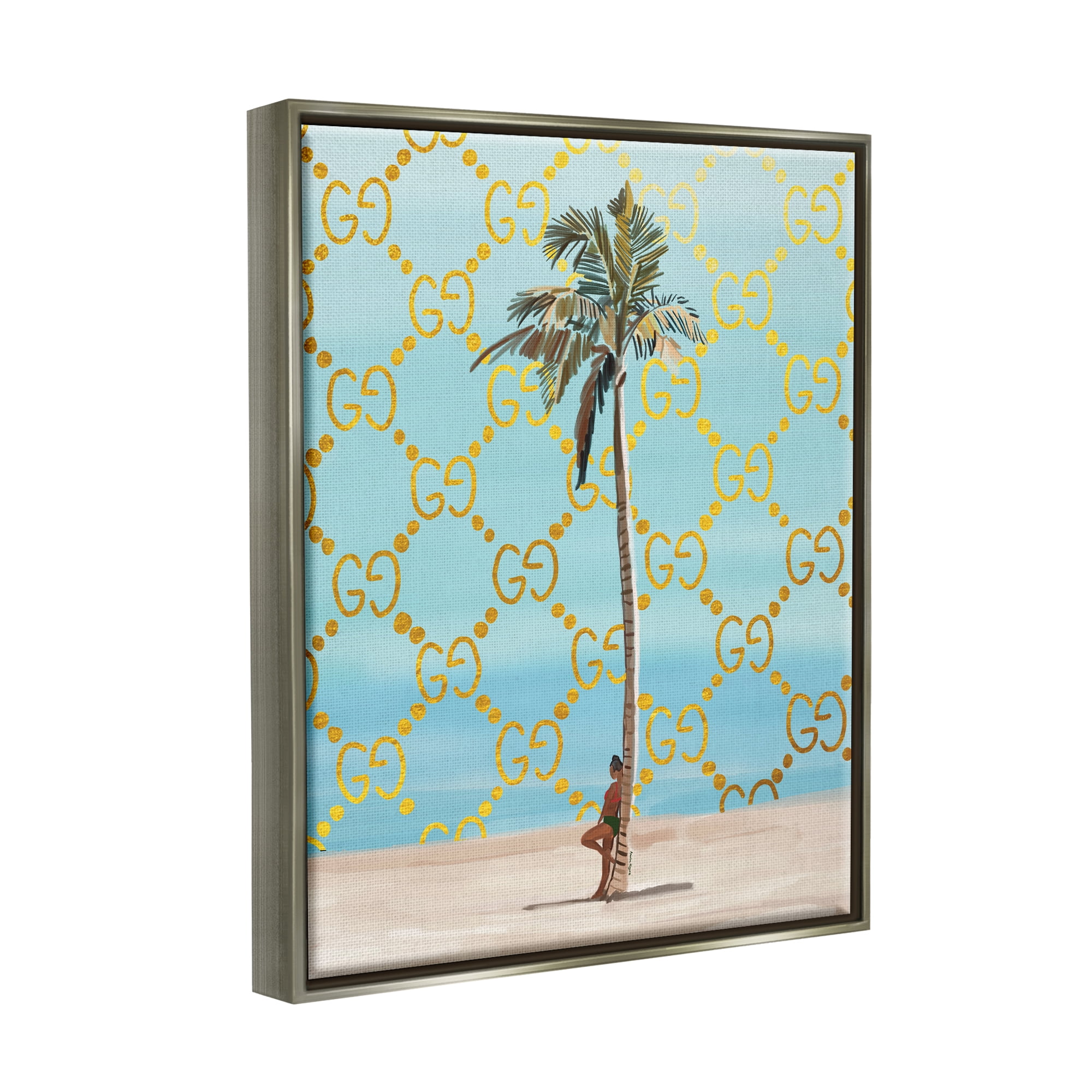 Stupell Industries Glam Pattern Palm Tree Botanical & Floral Painting Gray Floater Framed Canvas Art Print Wall Art, 25 x 31